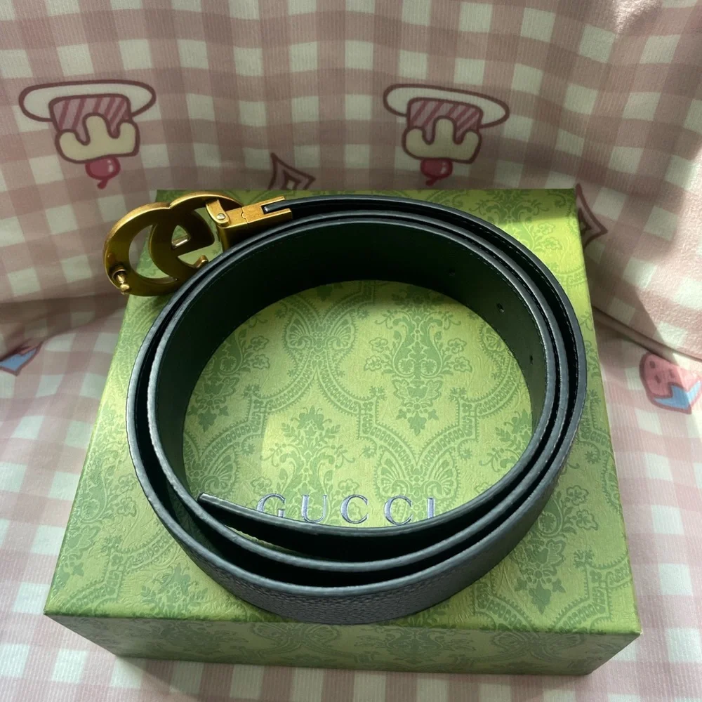 Black Leather Belt with Gold Double-G Buckle - Gucci